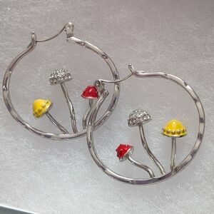Silver Hoop Earrings with Red and Yellow Mushroom Accents
